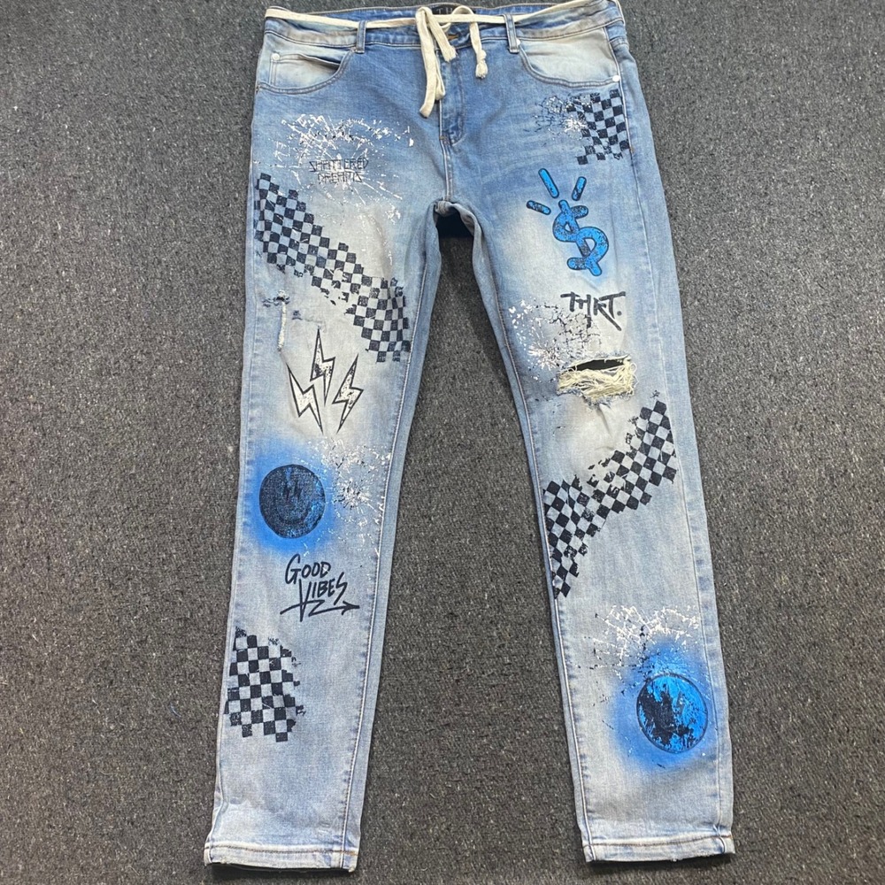 THRT Denim Jeans Sz 40 Mens Blue Streetwear Graphic Distressed Skater Drawstring